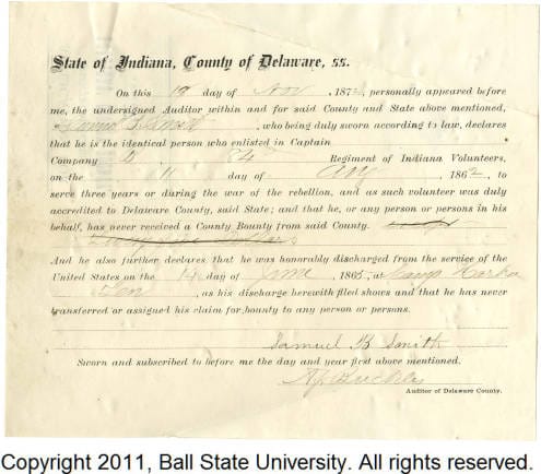 Application for discharged soldiers' county bounty - Affidavit of Samuel B. Smith, for Samuel B. Smith [FRONT]