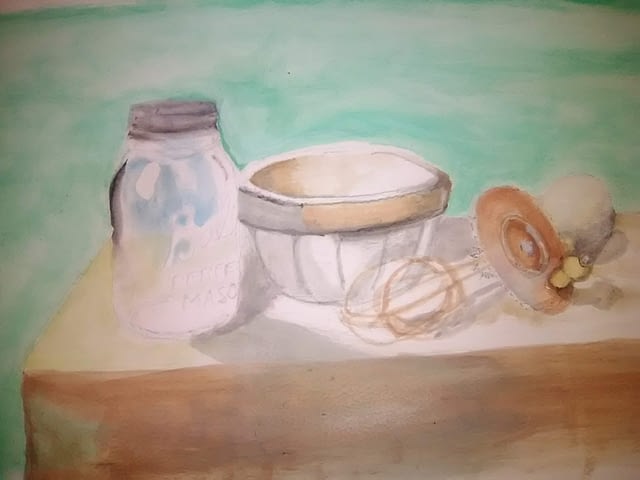 watercolor exercise #13 - ball jar, bowl, mixer, and an egg, on a rustic table.