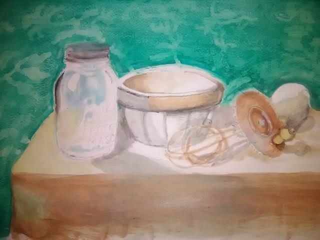 watercolor exercise #13 - ball jar, bowl, mixer, egg, on rustic table