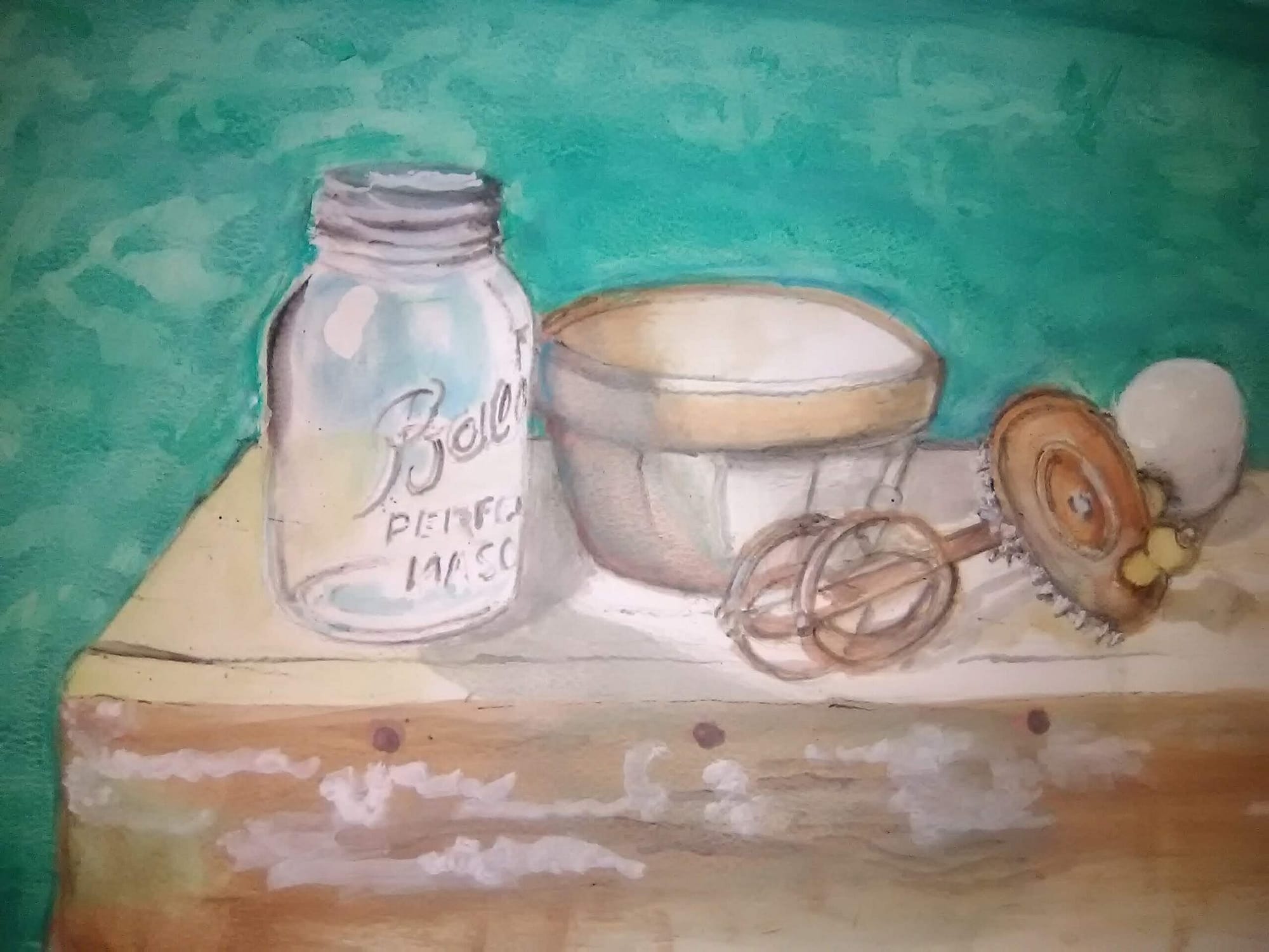watercolor exercise #13 - ball jar, bowl, mixer, and egg
