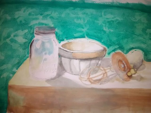 watercolor exercise #13 - ball jar, bowl, mixer, egg